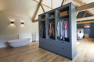 Closet and bathtub in modern bedroom