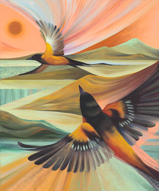 Painting of birds flying in imagined mountains