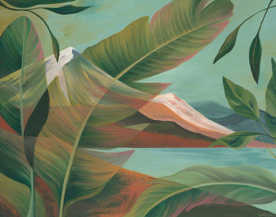 mountain landscape with tropical leaves