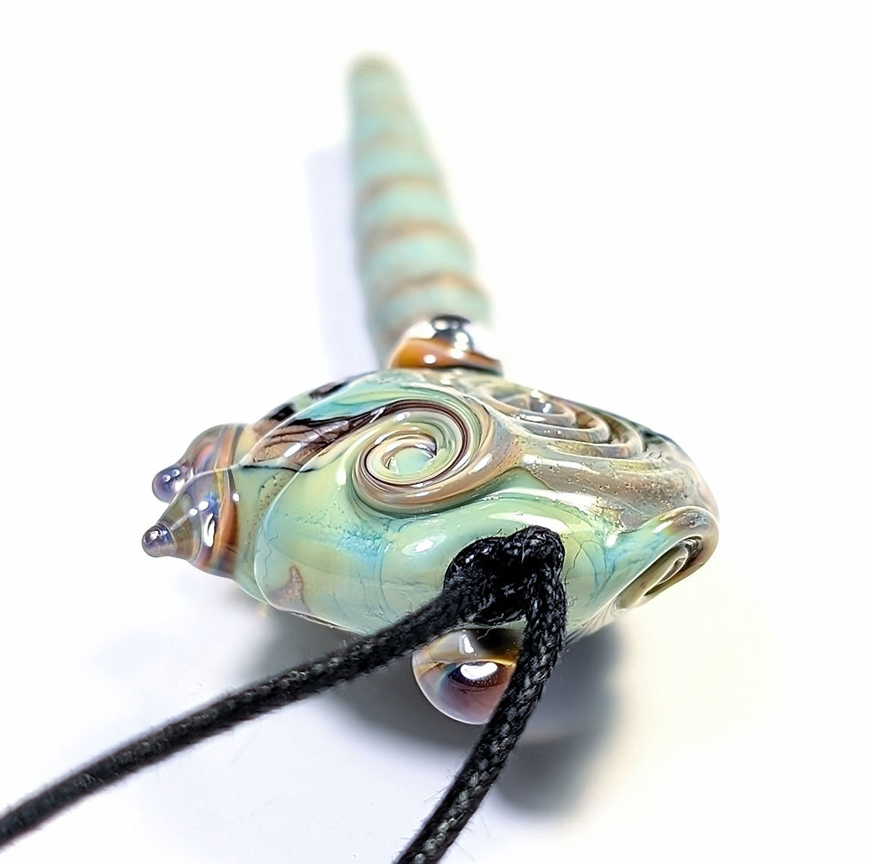 Thumbnail: Mint green spiny and swirl necklace with clay stone pointed drop  pendant close up back top view