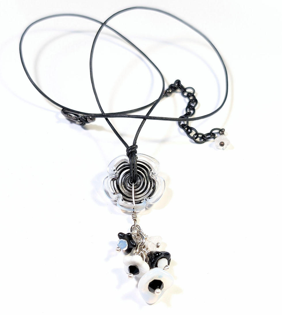 Thumbnail: Black & White Floral Pendant on Adjustable Leather Cord