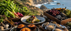Hyper-local dining spread featuring fresh coastal seafood, local vegetables, seaweed, and Mendocino Coast scenery