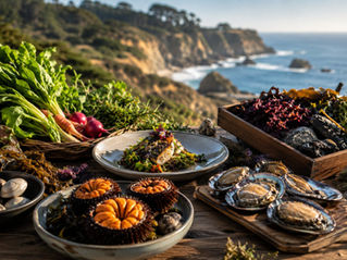 Hyper-local dining spread featuring fresh coastal seafood, local vegetables, seaweed, and Mendocino Coast scenery