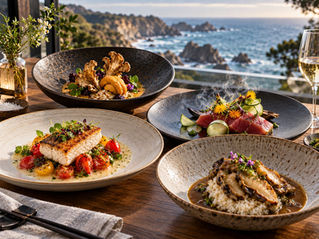 Modern coastal cuisine featuring seafood, mushrooms, vegetables, and fresh coastal ingredients on a dining table