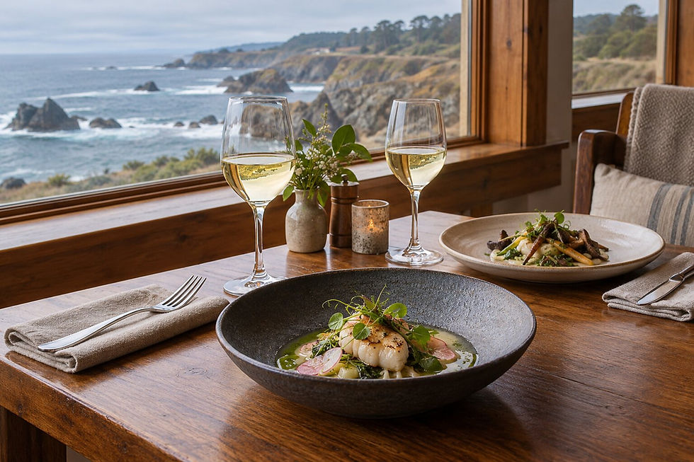 Seafood tasting dish and wine on a wooden dining table overlooking the rugged Mendocino Coast.