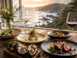 Elegant coastal tasting menu at Harbor House Inn featuring seafood, seasonal dishes, and locally inspired cuisine with an ocean view