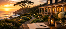 Luxury Mendocino coastal inn overlooking the ocean at sunset