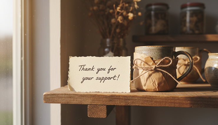 Close-up of a handwritten thank-you note beside a wrapped ceramic mug on a wooden shelf.