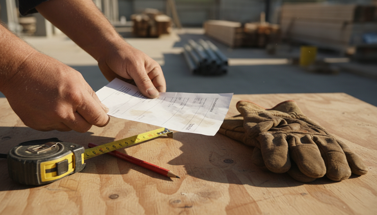 Close-up view of worn hands holding a paper invoice beside a tape measure