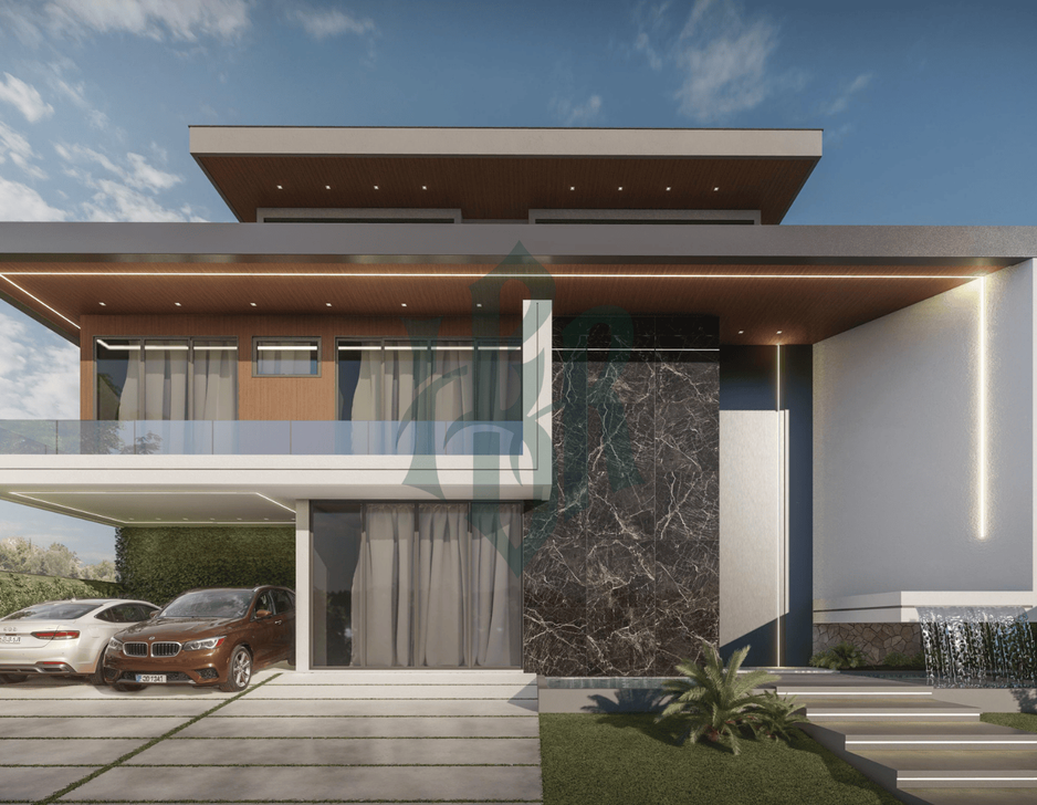 Fachada imponente de imóvel triplex de alto padrão, em construção, a venda no condomínio Santa Helena, Barra da Tijuca.