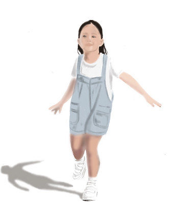 Happy little girl running, light blue overalls