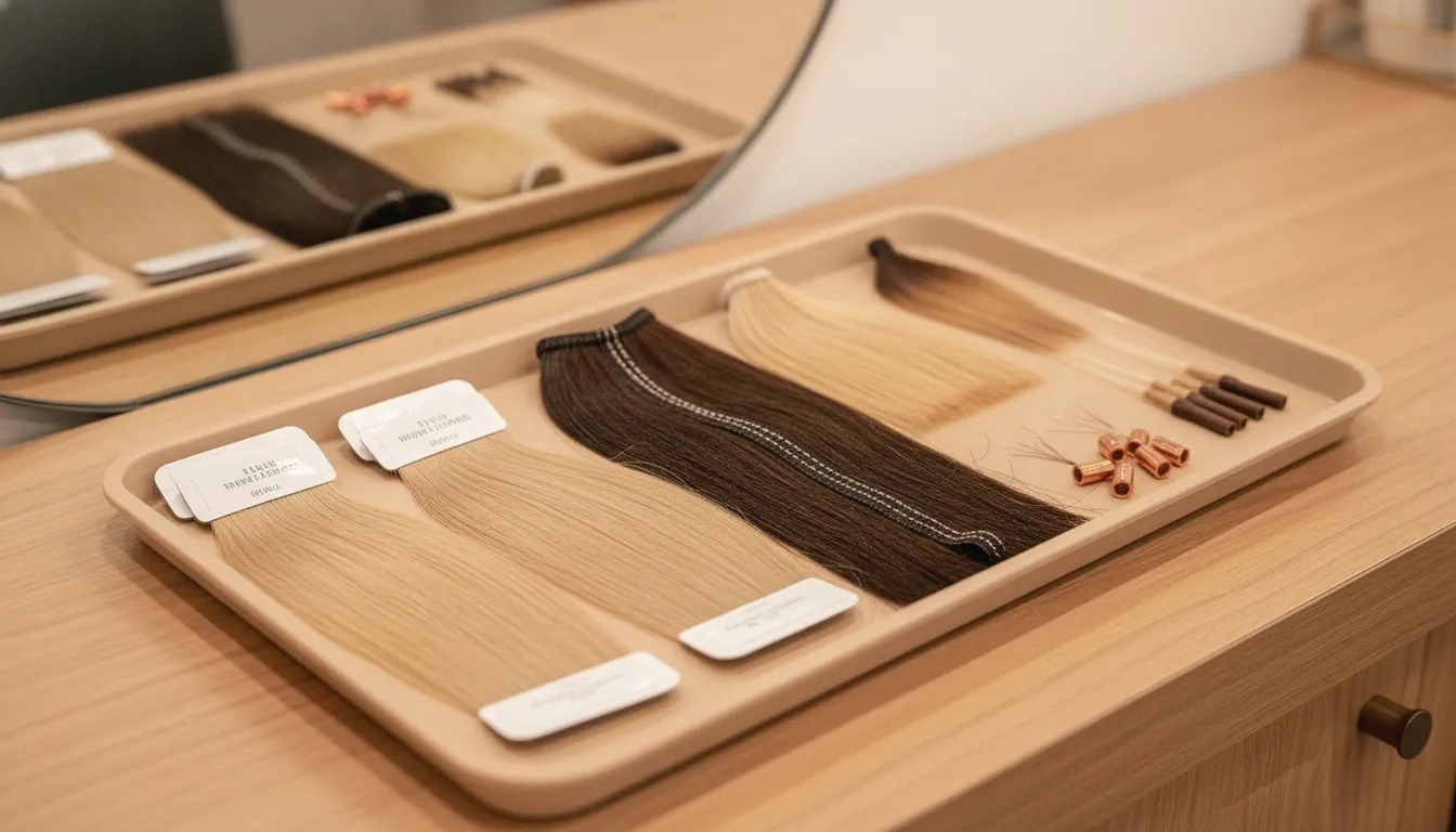Tape-In, Handtied, Cold Fusion, and Hot Fusion extension materials on a salon tray