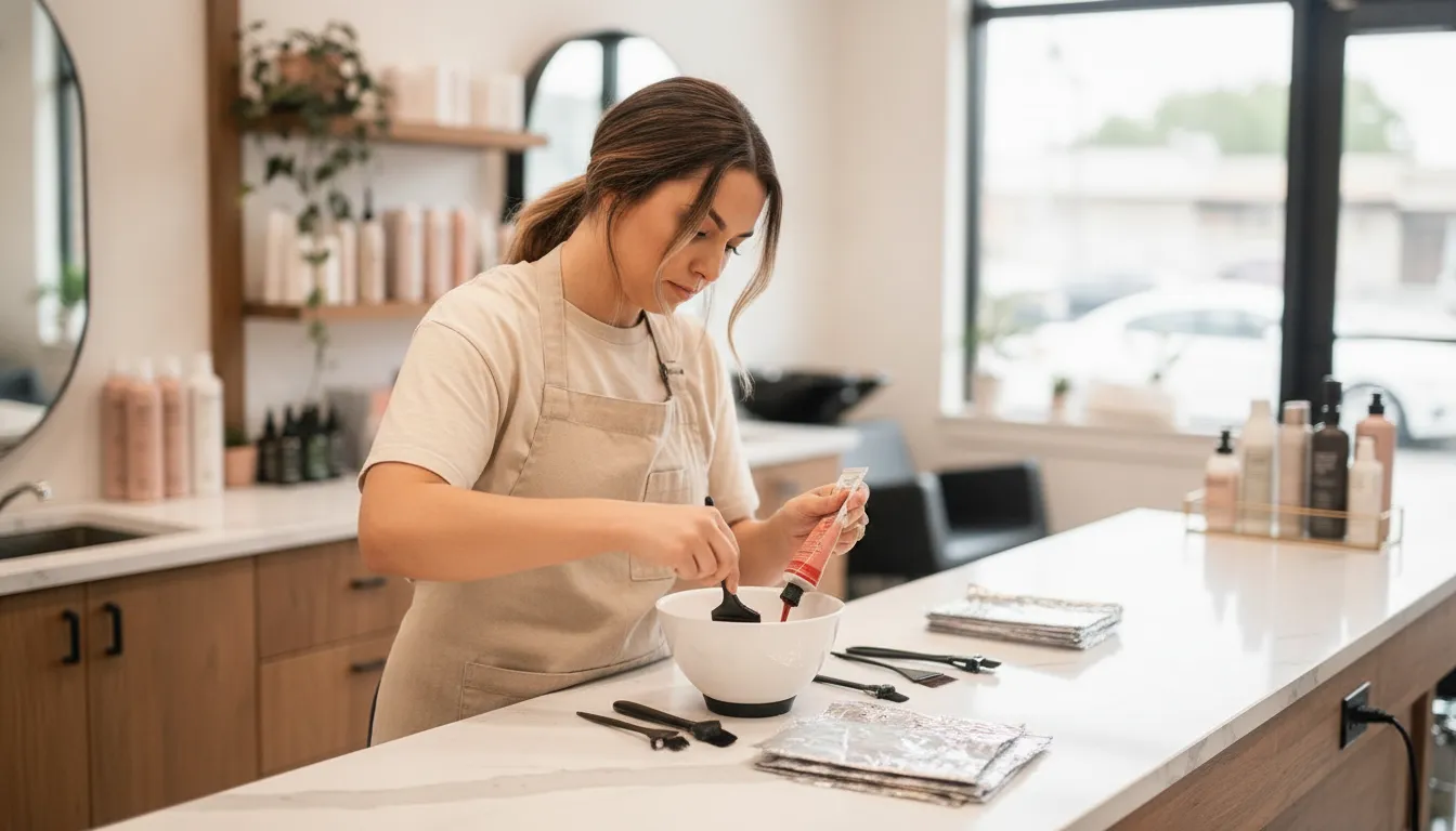 Colorist preparing hair color in a bowl at a bright, minimalist salon station