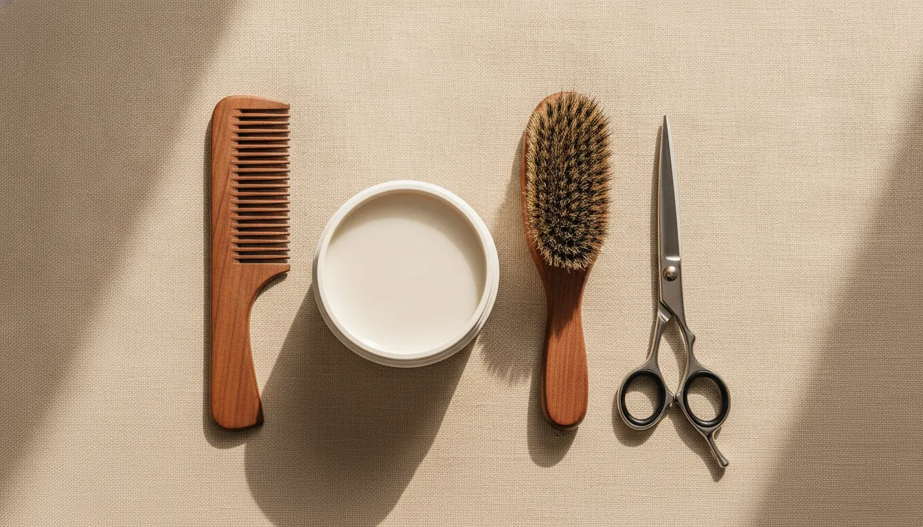 Professional hair styling tools arranged on a clean surface