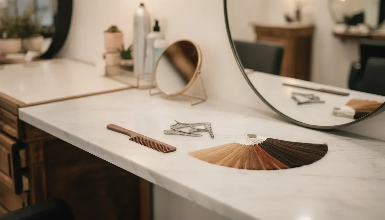 Hair color swatches and tools arranged for an extension consultation