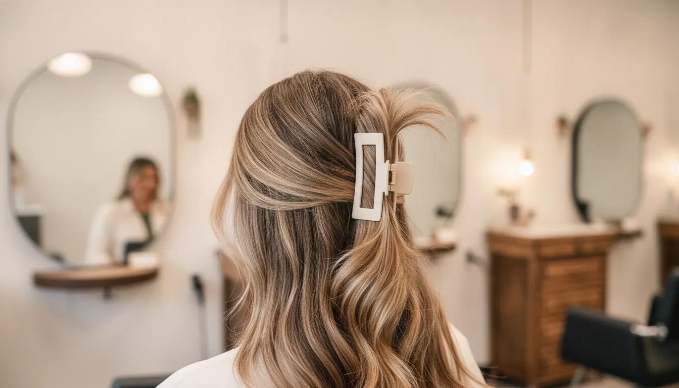 Half-up hairstyle secured with a claw clip, viewed from behind in a clean warm salon