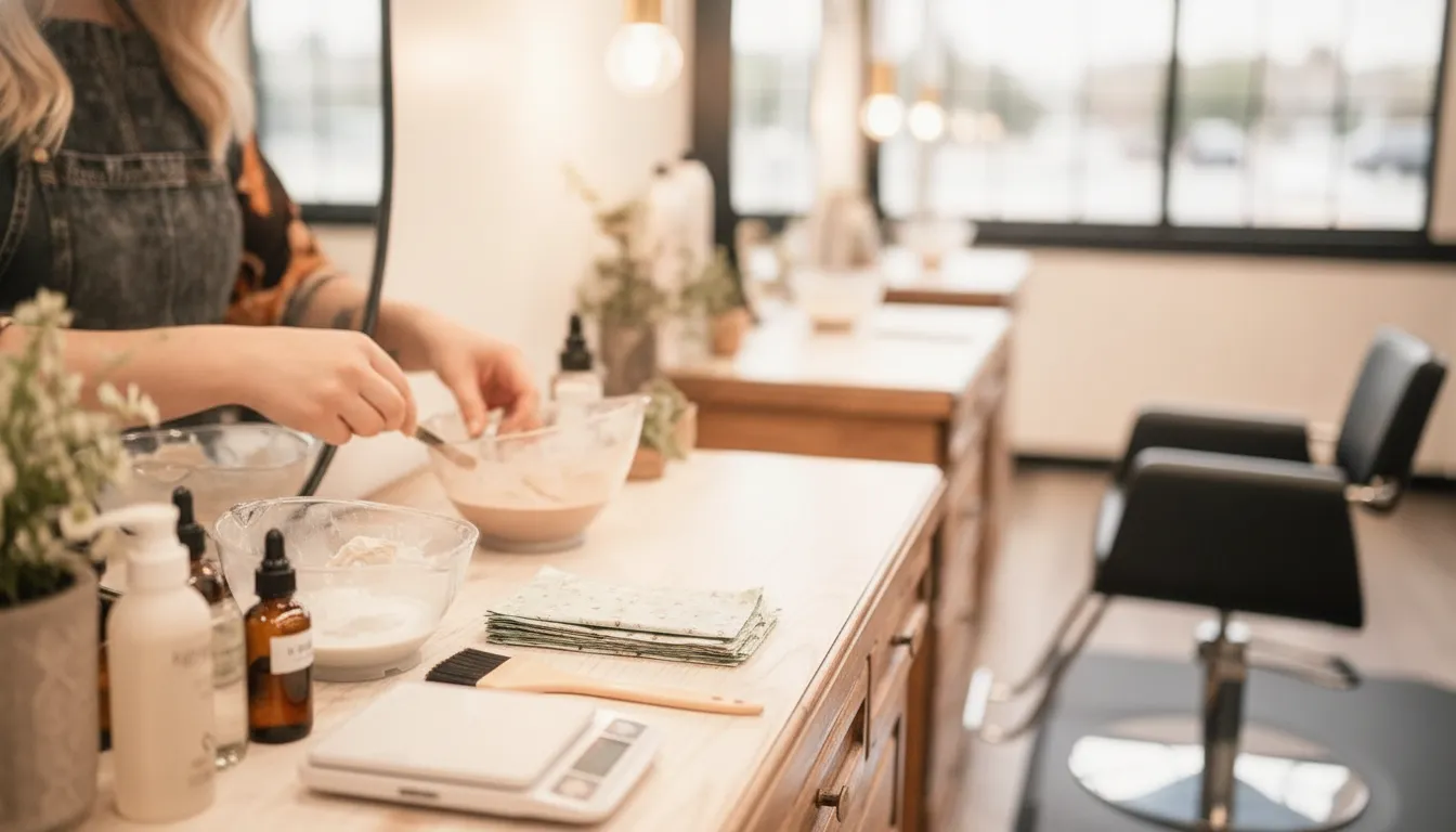 Bright salon station prepared for a hair color service