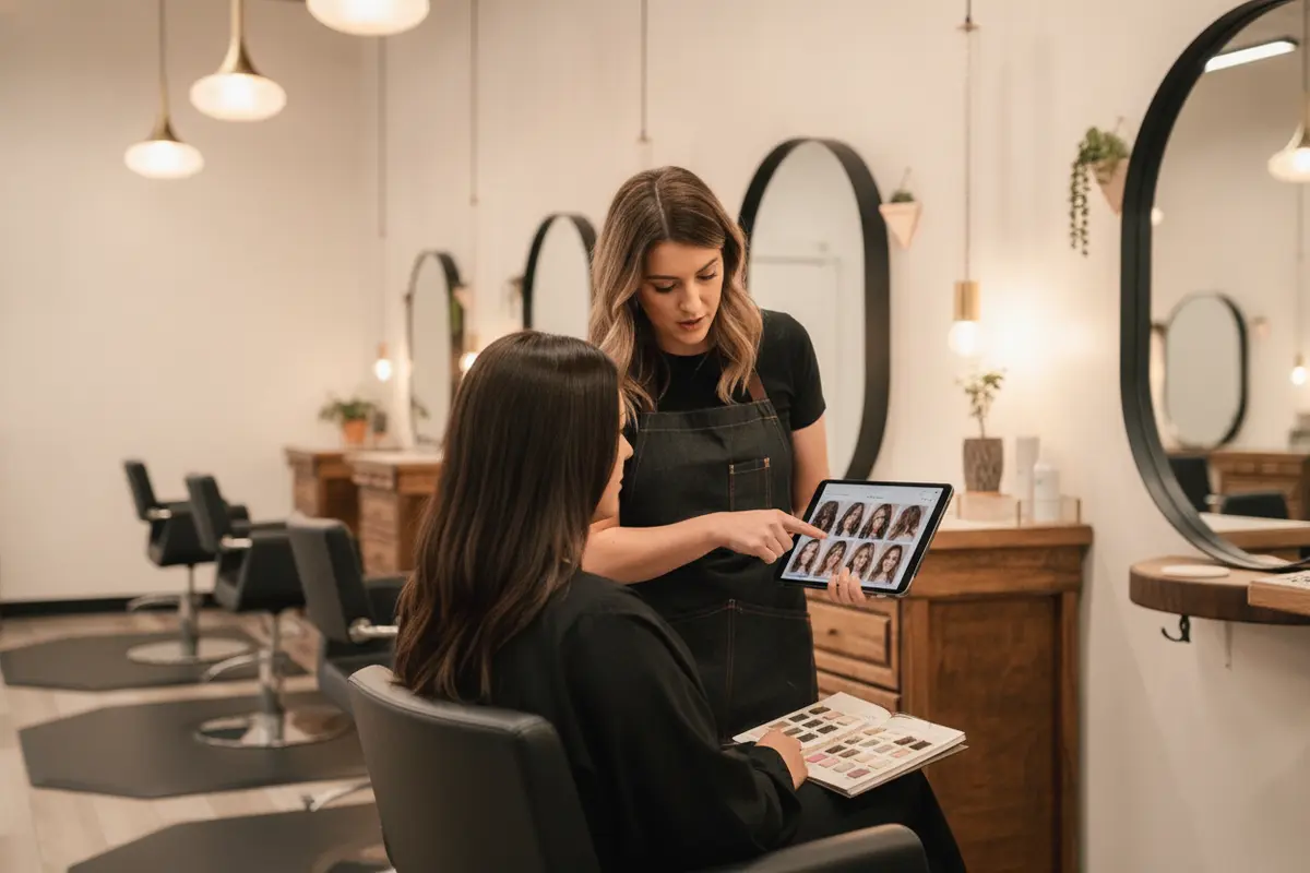 Client and stylist discussing brunette highlight placement during a salon consultation