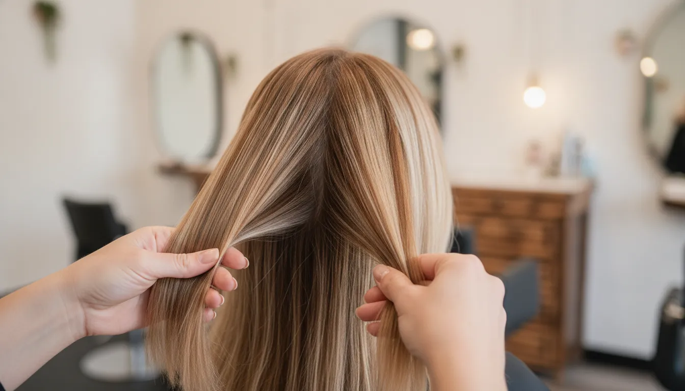 Stylist blending hair color at the root during a salon appointment