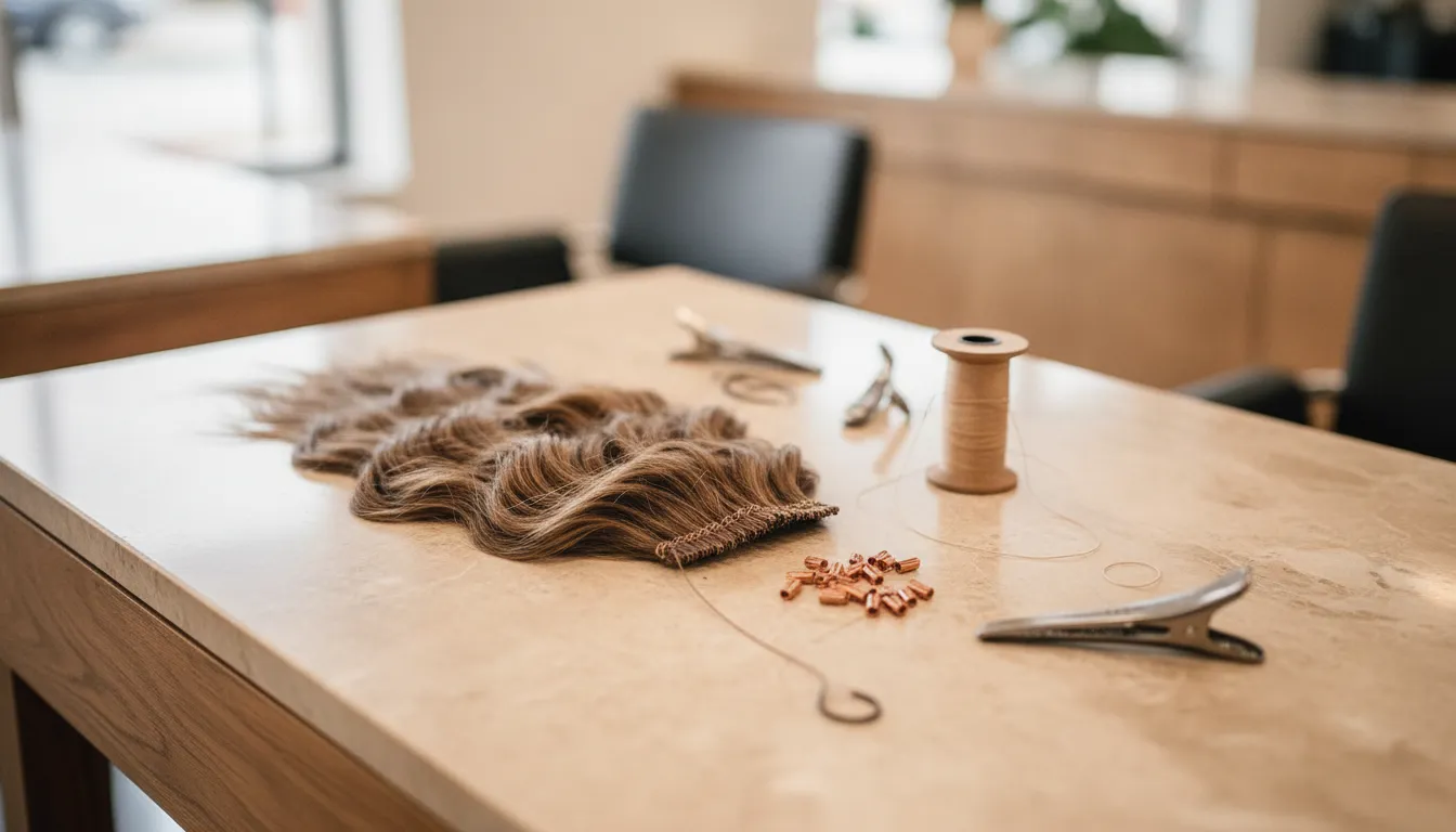 Hand-Tied hair extension weft and copper tube foundation at a Tacoma salon station