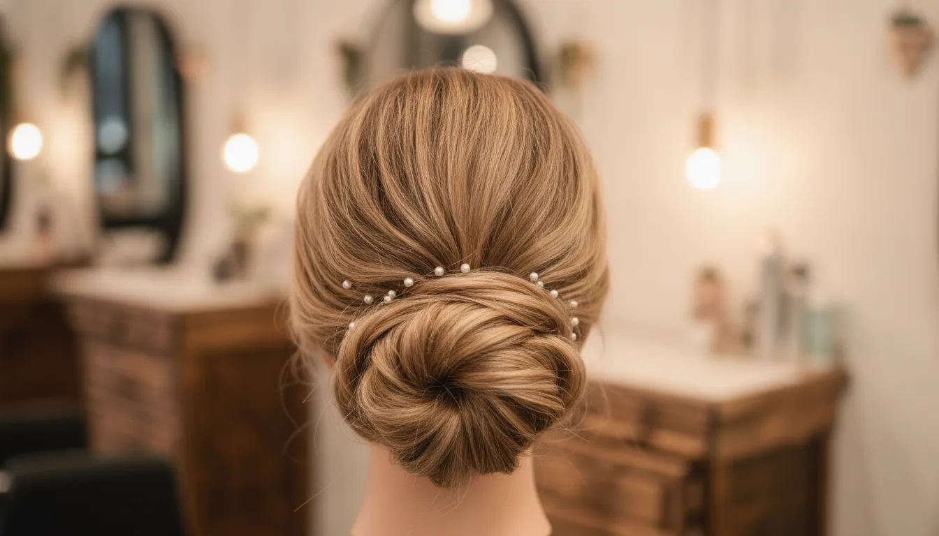 Polished bridal hairstyle with pearl hair pins in a warm salon setting