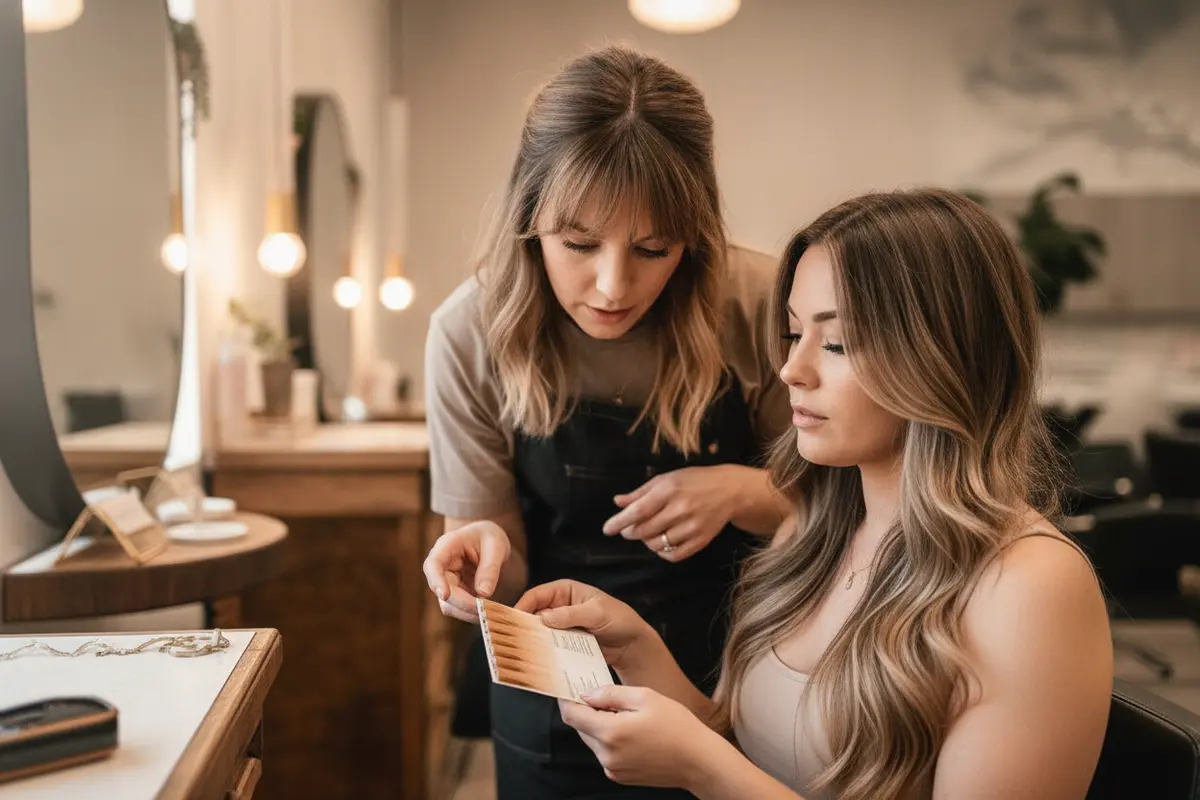 Stylist and client discussing platinum blonde goals during a salon consultation
