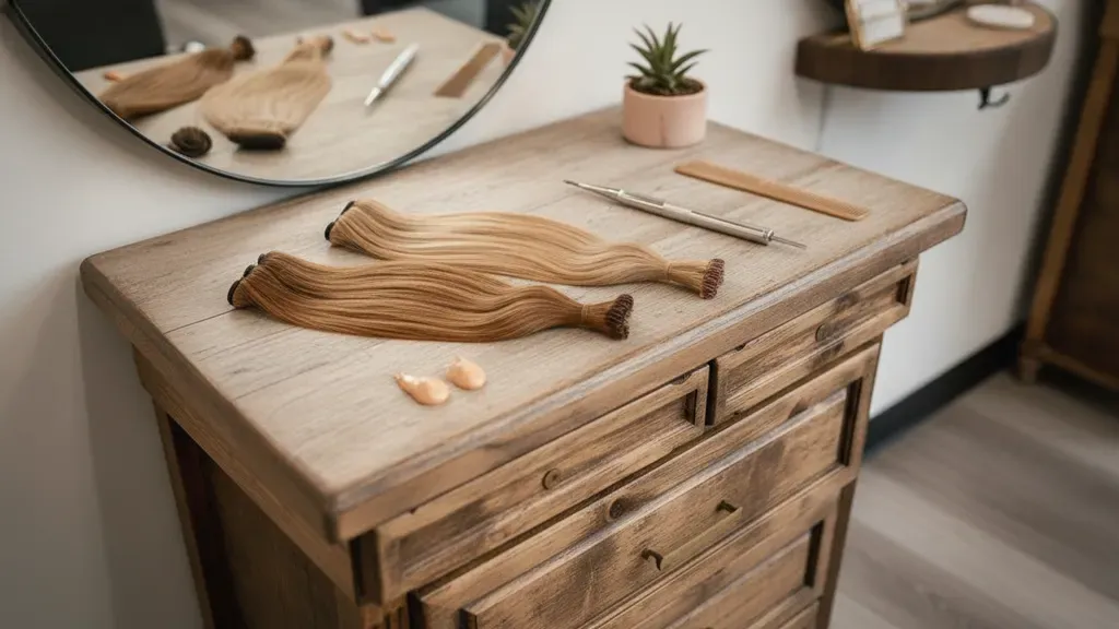 Hair extension pieces and tools arranged on a warm wood salon station