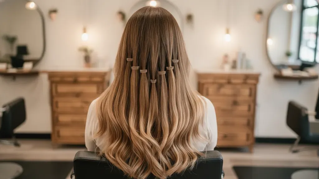 Long blended hair extensions shown in a bright minimalist salon