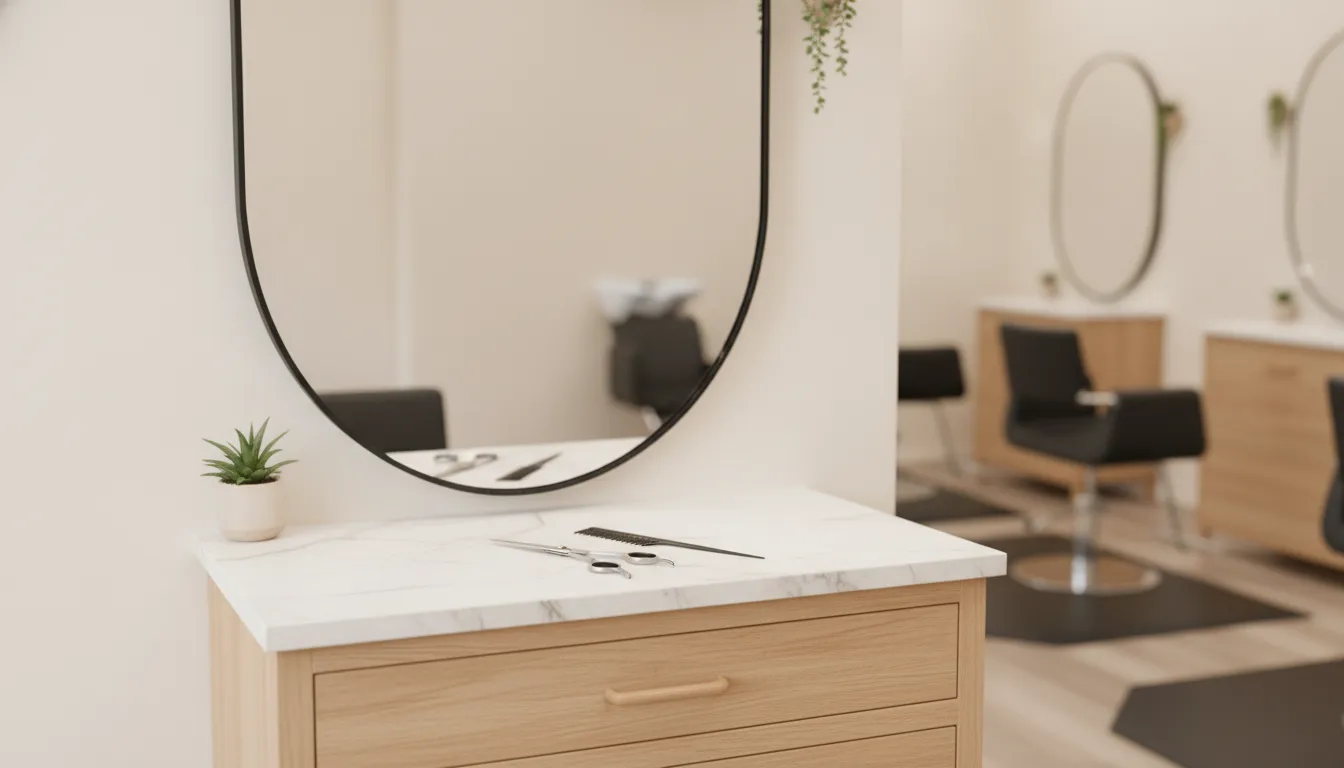 Bright salon styling station with mirrors and warm natural light