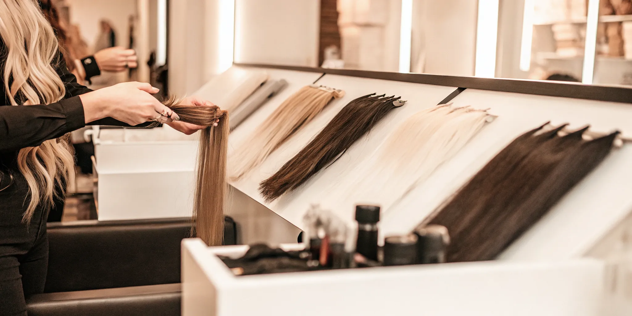 Color swatches used to plan cost and shade for hair extensions tacoma clients at Dolce Salon