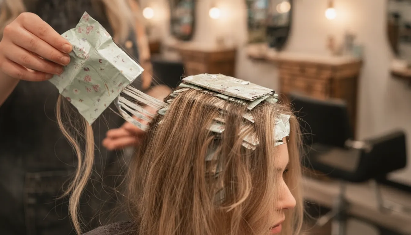 Foil highlights being sectioned during a Tacoma hair color consultation