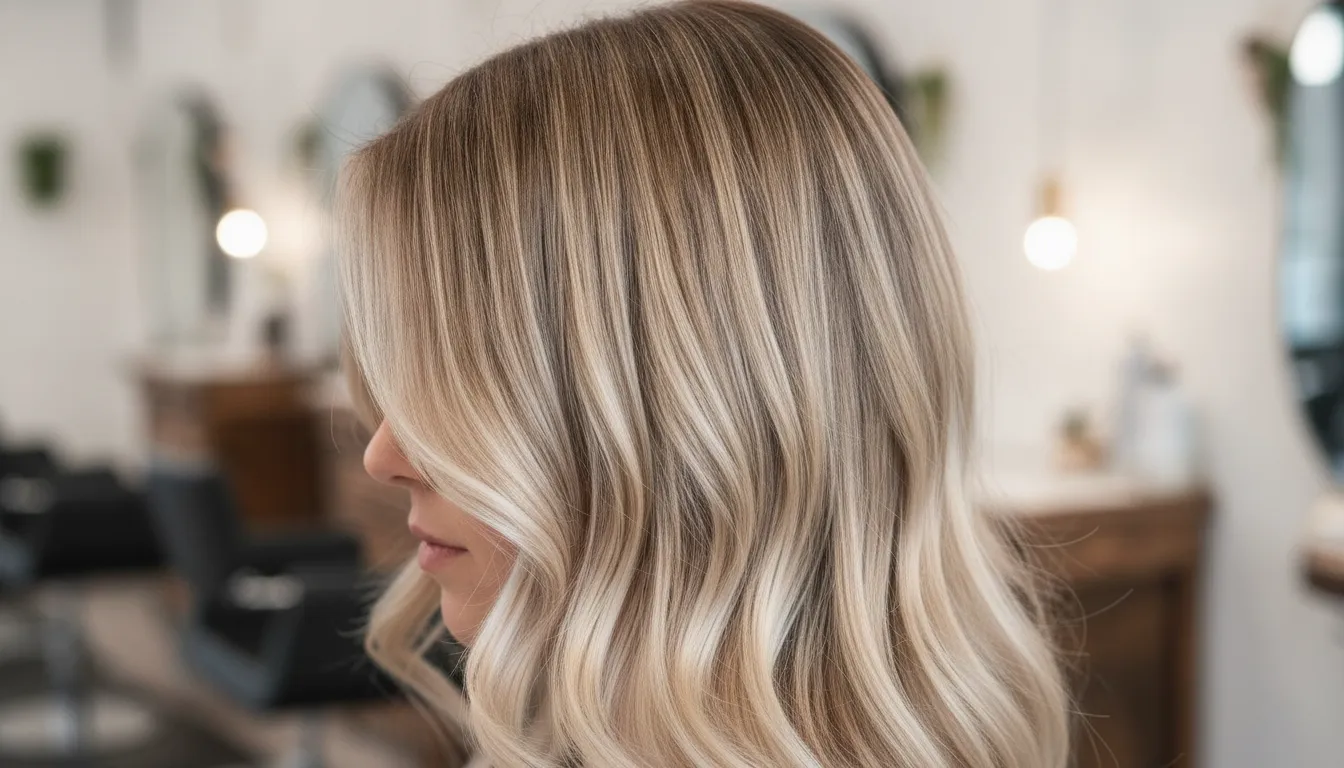 Blended root shadow transitioning into lighter balayage lengths