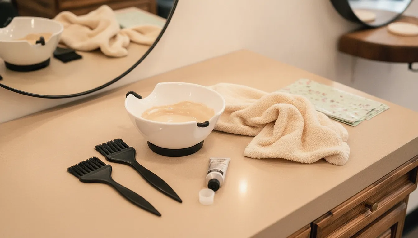 Clean salon tools prepared for hair lightening and toning