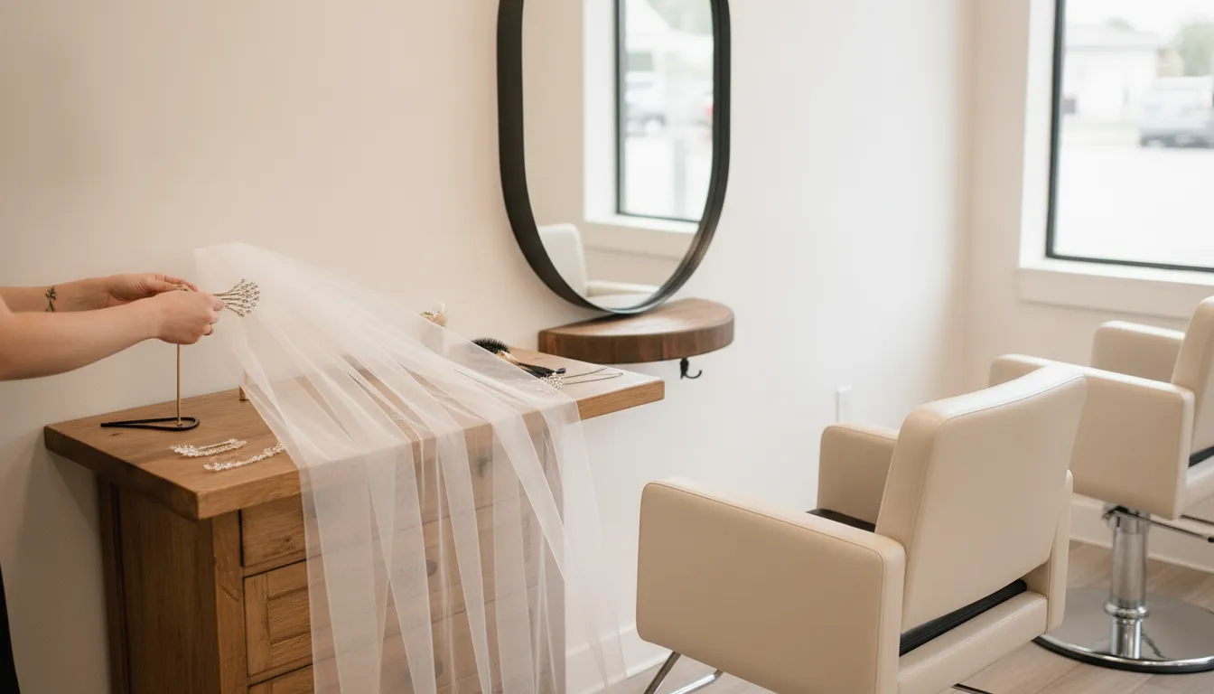Bridal hair trial setup with a soft updo and hair accessories