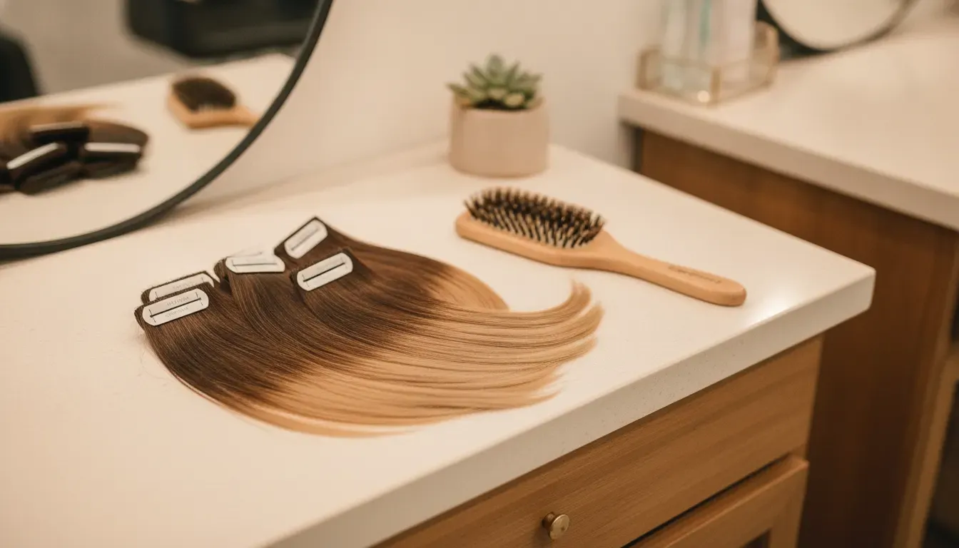 Tape-In hair extension wefts and an extension brush for gentle maintenance