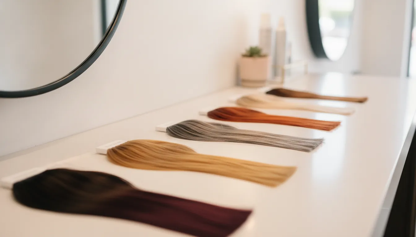 Hair color swatches being considered beside a client's skin in natural light