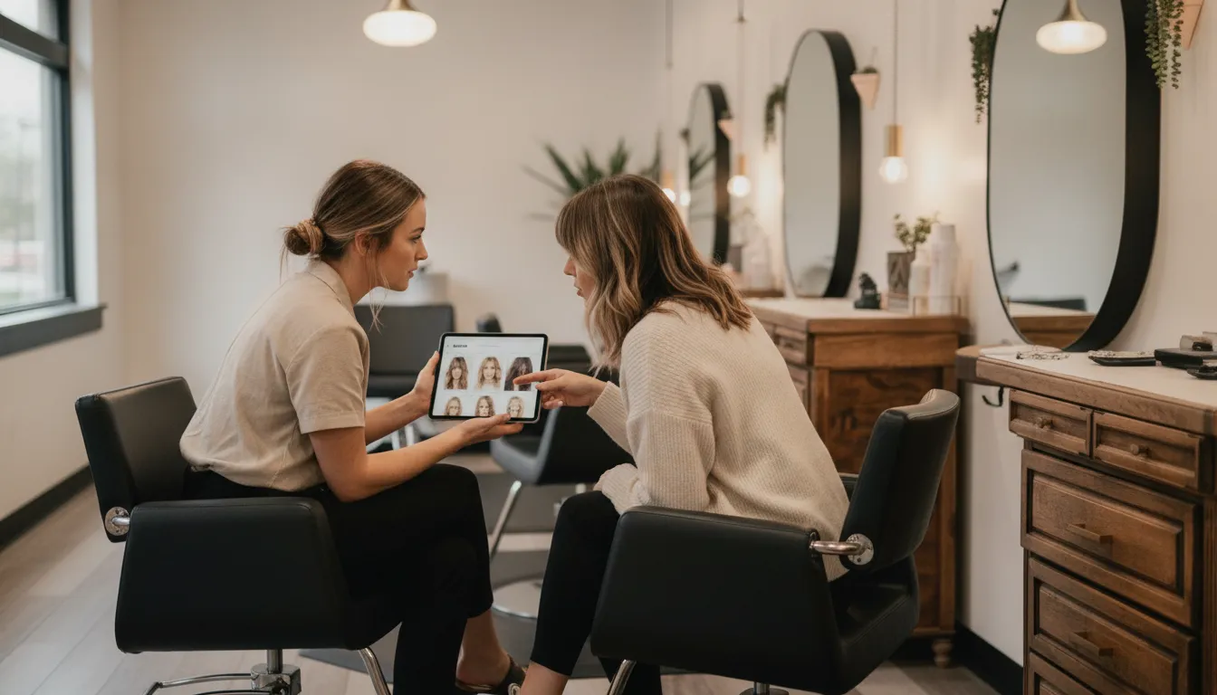 Stylist offering a personal consultation with hair inspiration photos in a warm minimalist Tacoma salon
