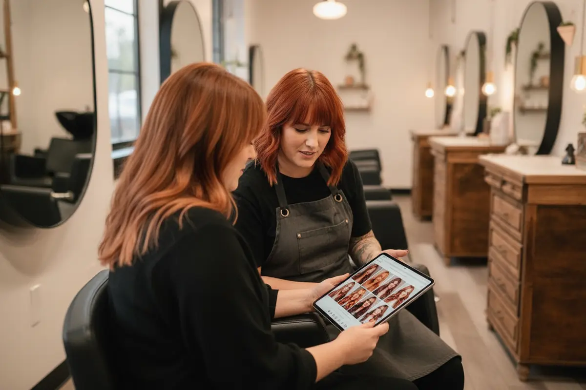 A stylist and client reviewing copper hair color inspiration photos together