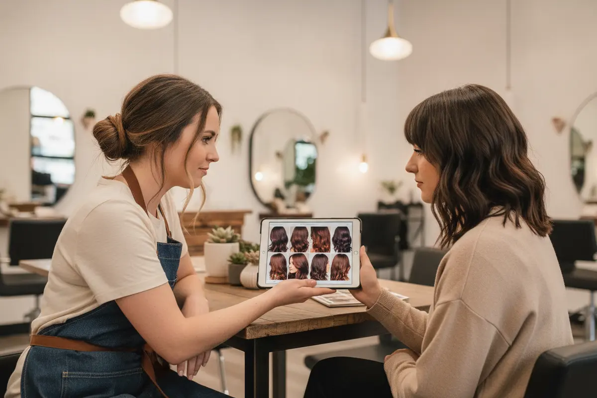 Client and stylist discussing chocolate brown color inspiration at a salon consultation