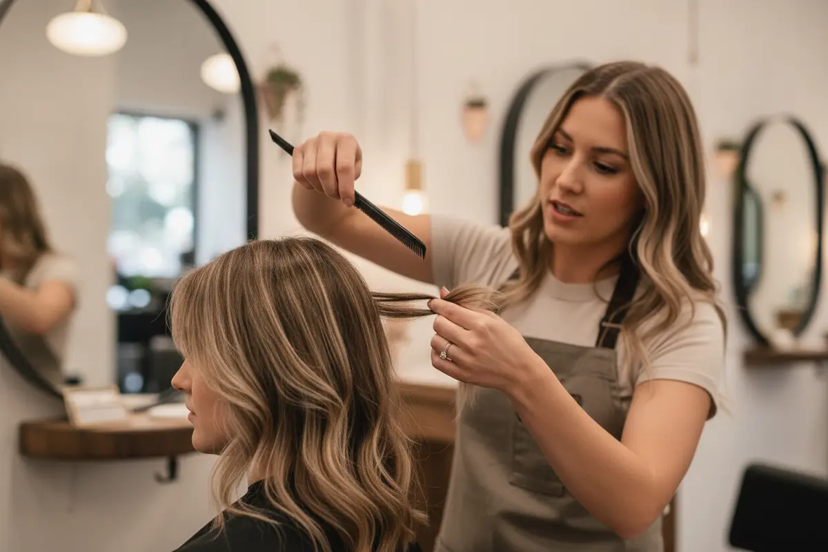 A colorist sections the front hairline to plan money-piece highlights.