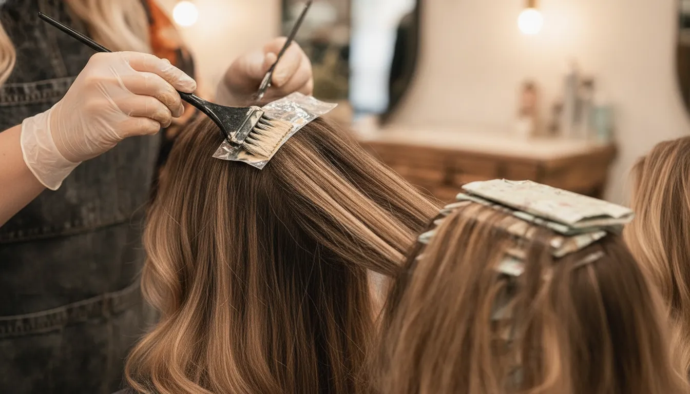 Stylist painting hand-painted balayage highlights onto a client's hair at Dolce Salon in Tacoma