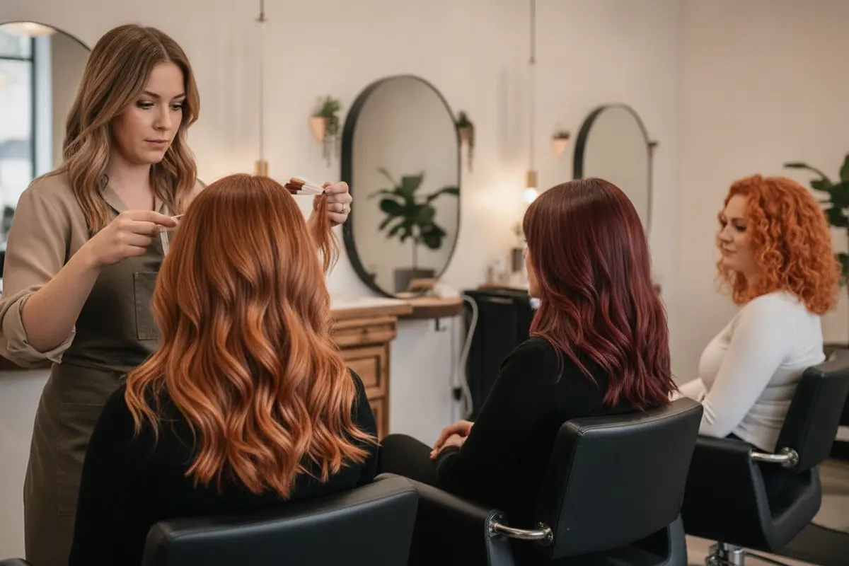Examples of soft, rich, and bright copper hair tones discussed during a consultation