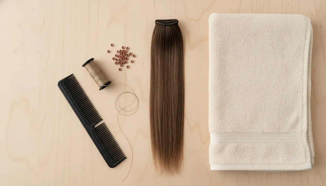 Hand tied hair extensions weft, thread, and copper beads prepared for a salon service