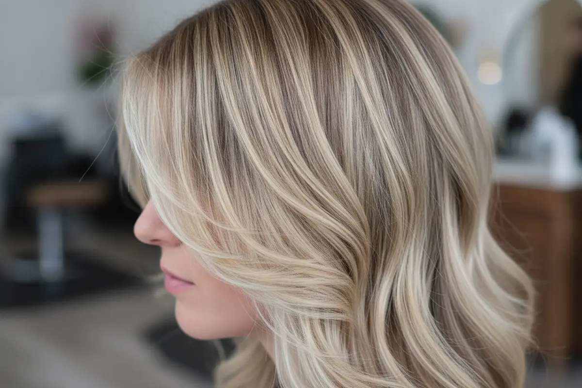 Close-up of balayage sections showing varied blonde and brunette tones