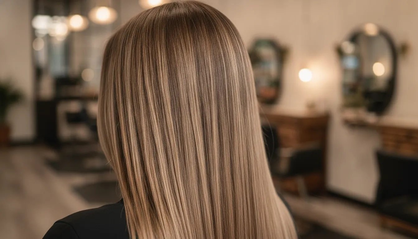 Close-up of glossy frizz-free hair with soft shine in a warm salon with gentle bokeh background