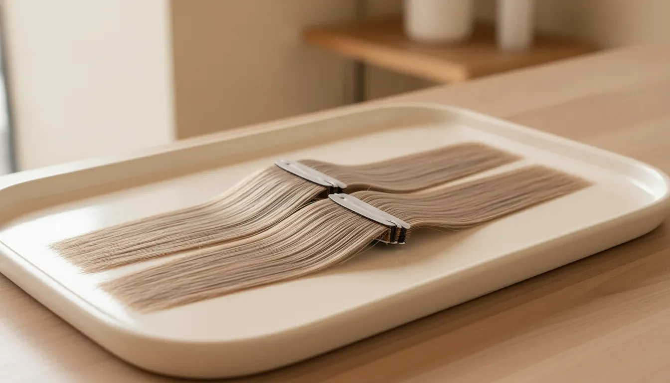 Flat tape-in hair extension wefts prepared for a professional sandwich application