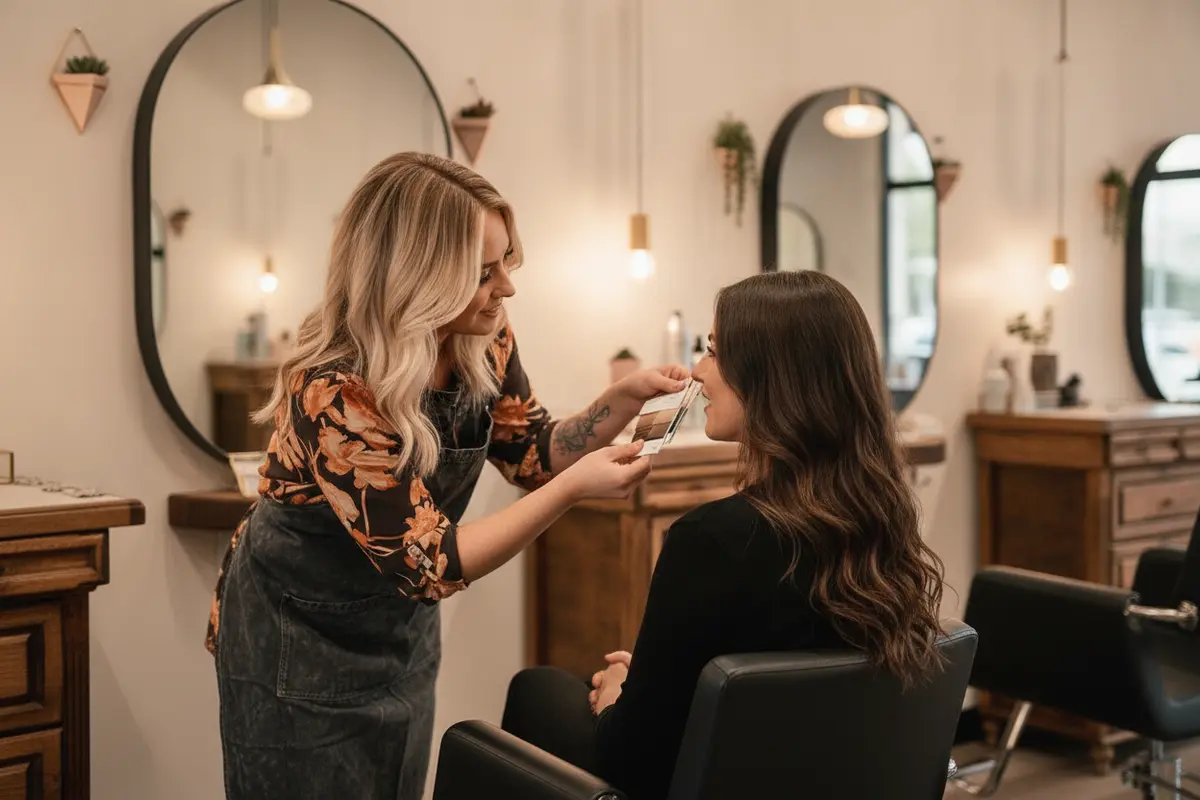 Colorist and client discussing balayage tone during a salon consultation