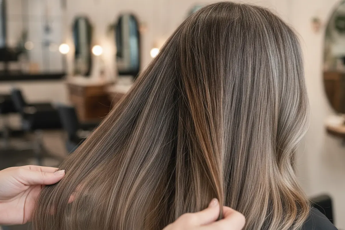 Dimensional brunette balayage with natural silver strands softly blended through the hair