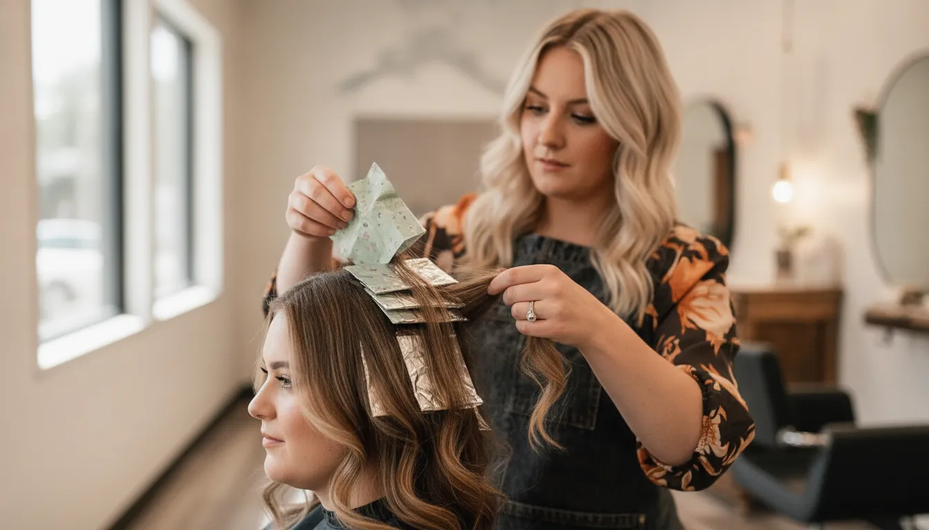 Woman with side-swept bangs and soft waves that add balance to a round face, in a bright modem salon with beige and cream tones