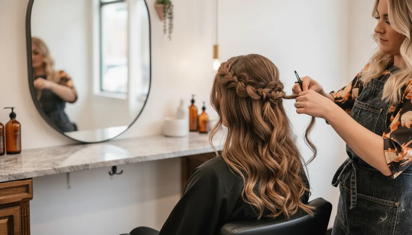 Stylist crafting a braided crown updo on a client in a bright modern salon